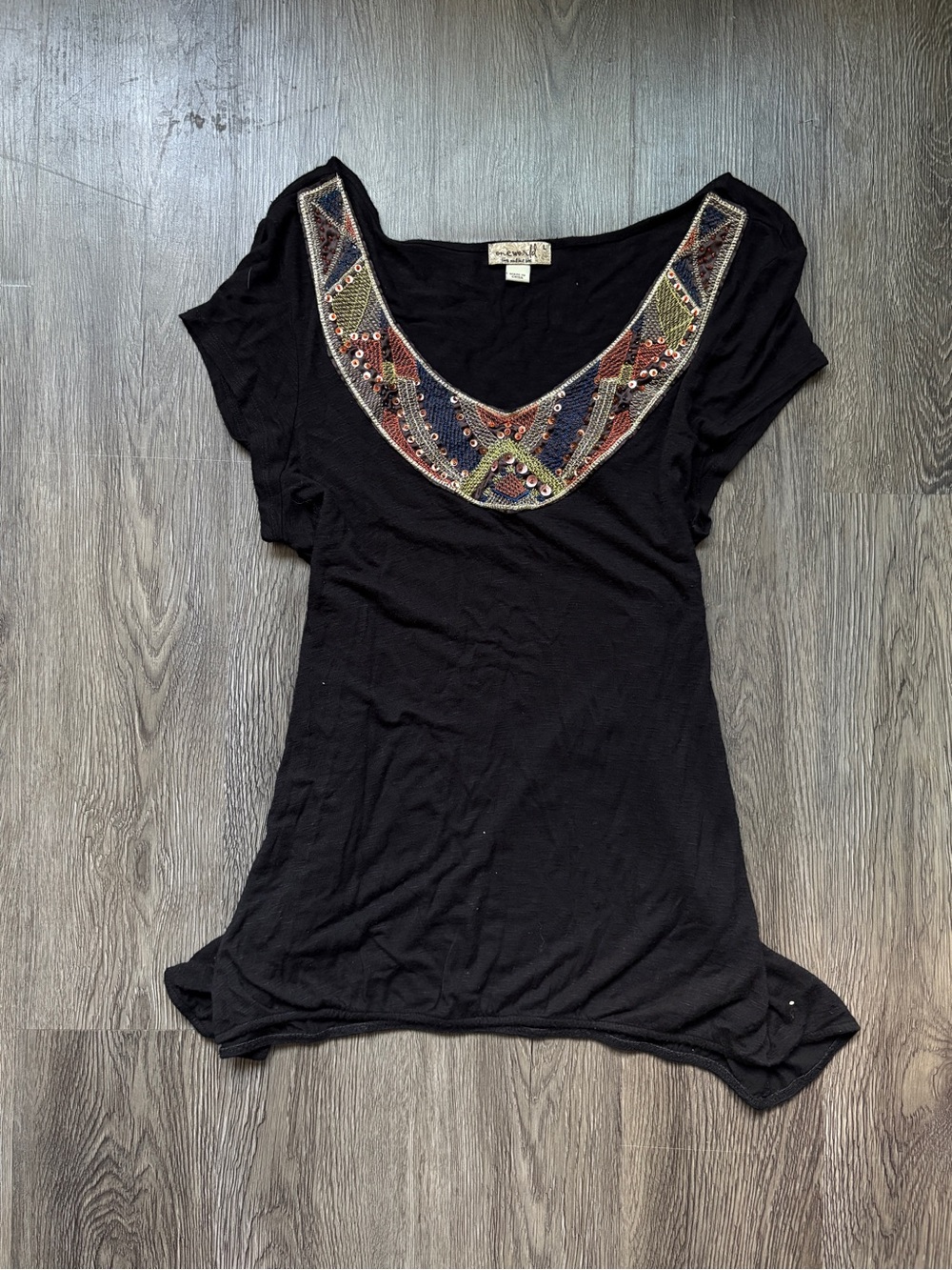 Y2K Black Rayon Blend Top with Beaded Collar